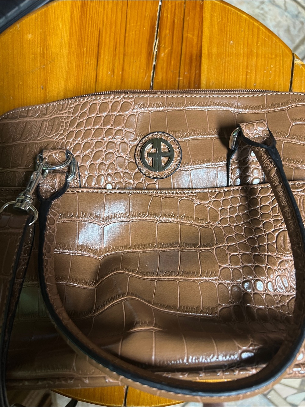 Giani Bernini Tan Croc-Embossed Satchel with Silver Logo Accent